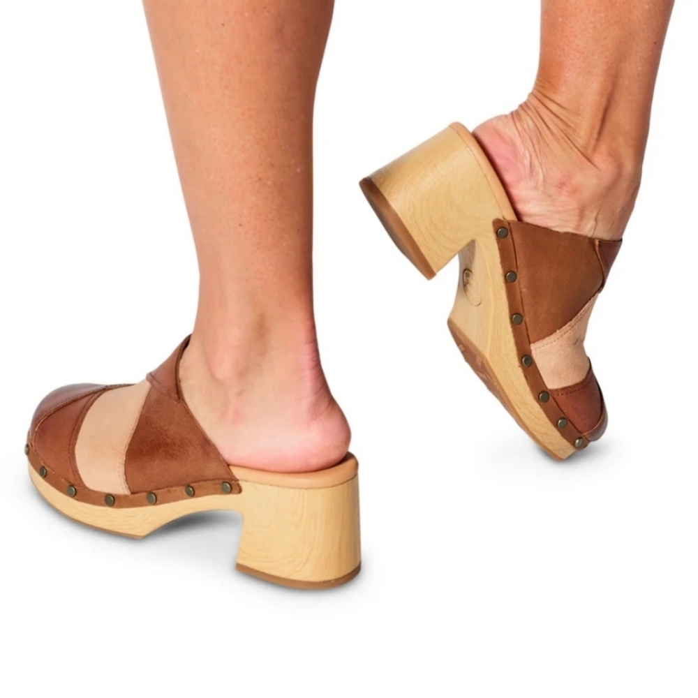 Kork-Ease Clogs 7 Brown Tan Leather Tay Patchwork Mules Scandinavian New $160 - Picture 11 of 16